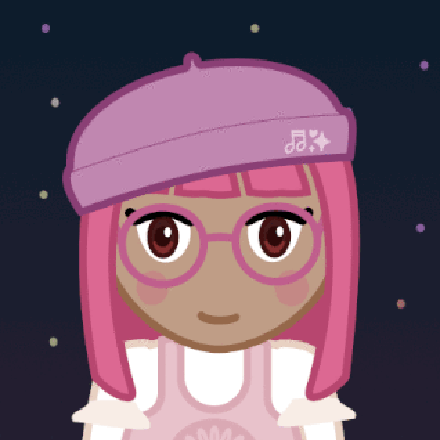 Vector art GIF of a girl with a pink hair bob cut, large round pink glasses, a pink over white top, and a lilac beret with music notes on a sparkle on it, against a dark starry sky background, with occasionally blinking eyes.